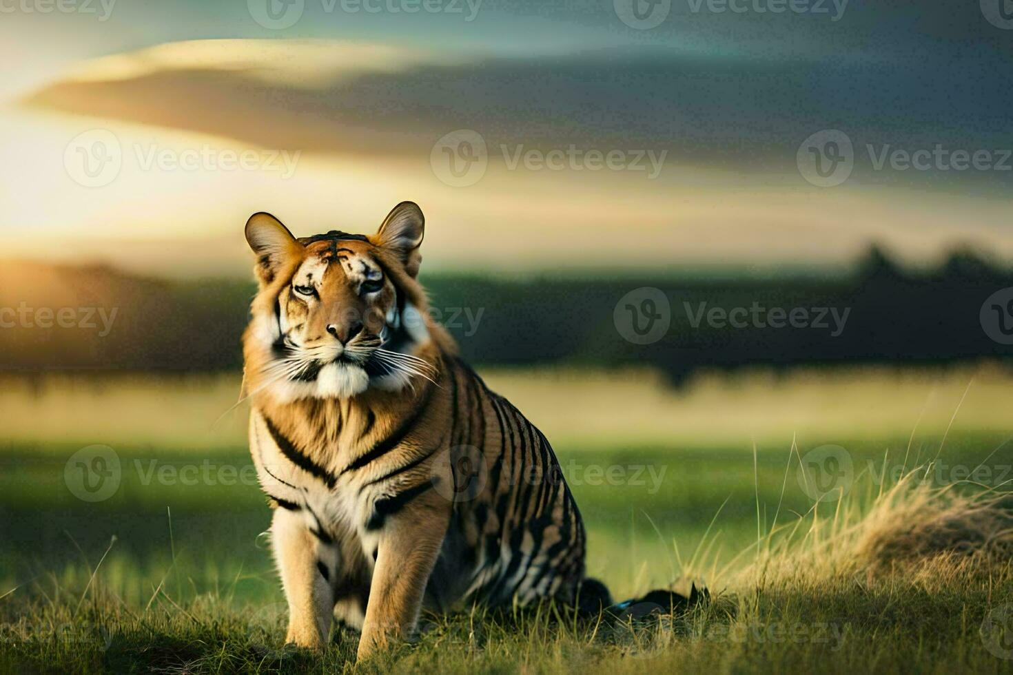 une tigre séance dans le herbe à le coucher du soleil. généré par ai photo