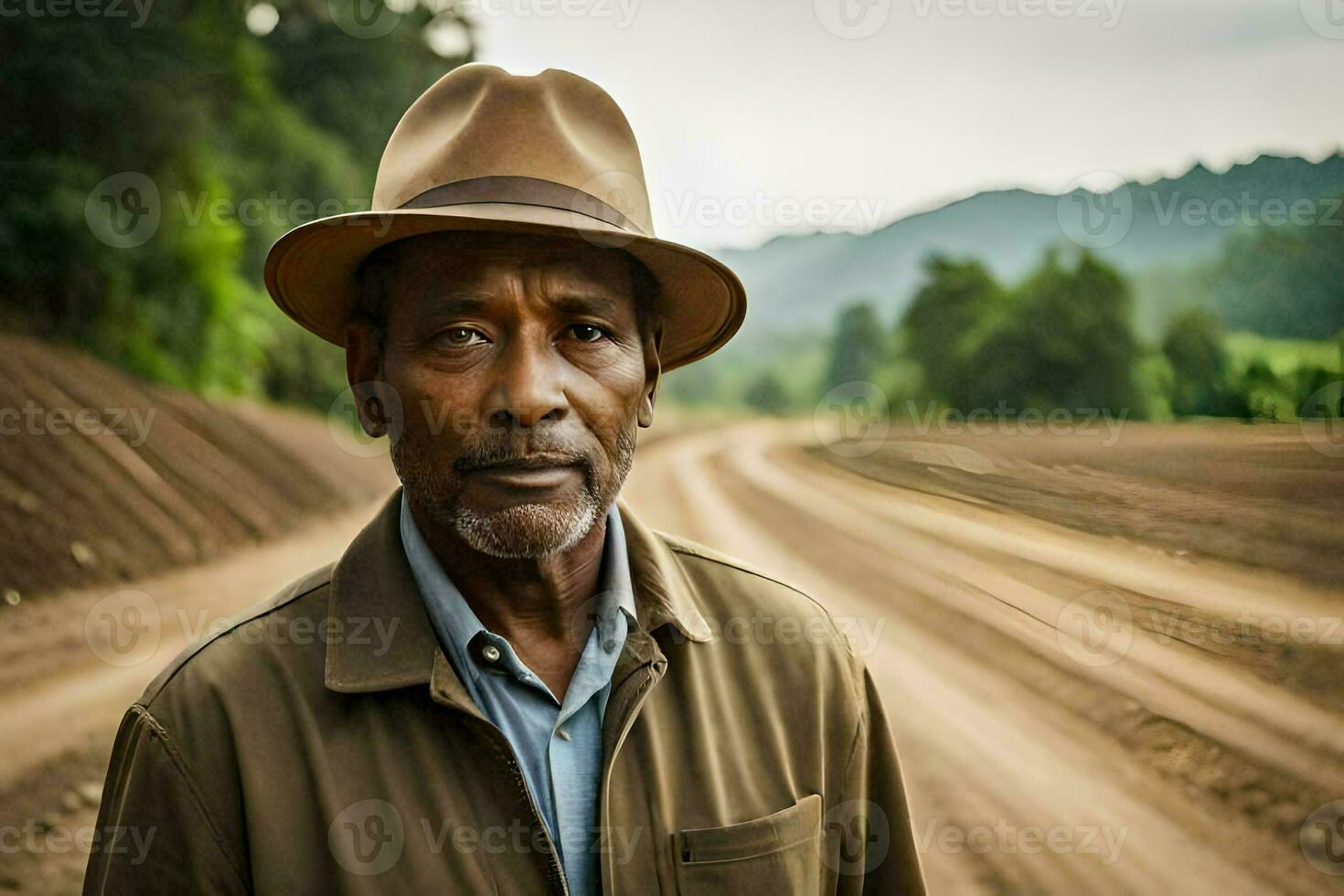 une homme dans une chapeau permanent sur une saleté route. généré par ai photo