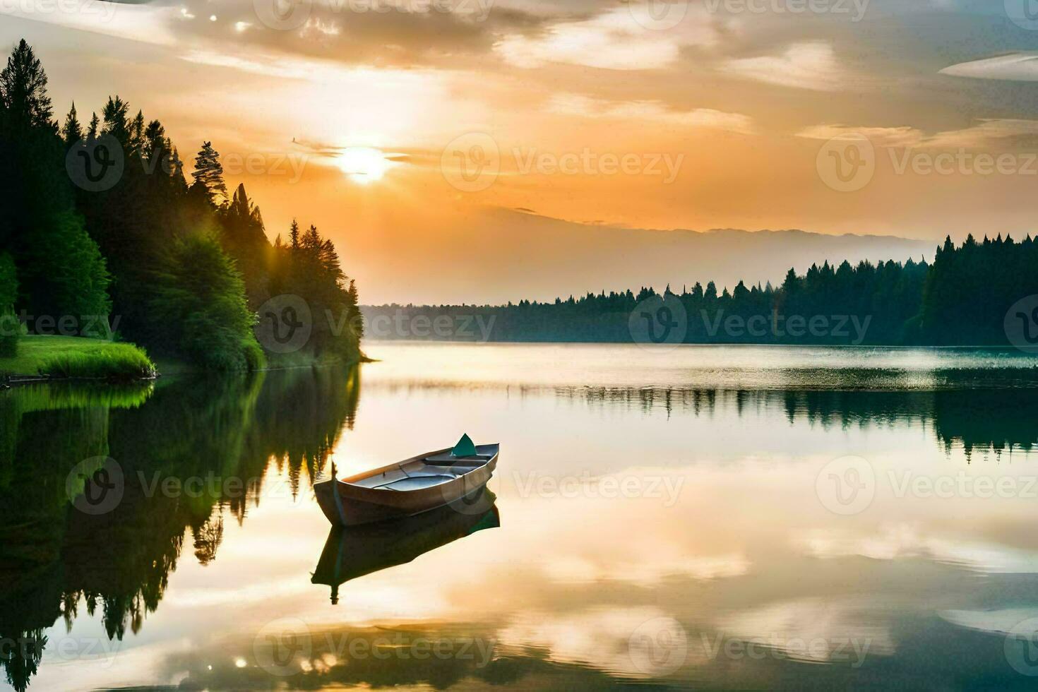 le bateau est sur le calme Lac à le coucher du soleil. généré par ai photo