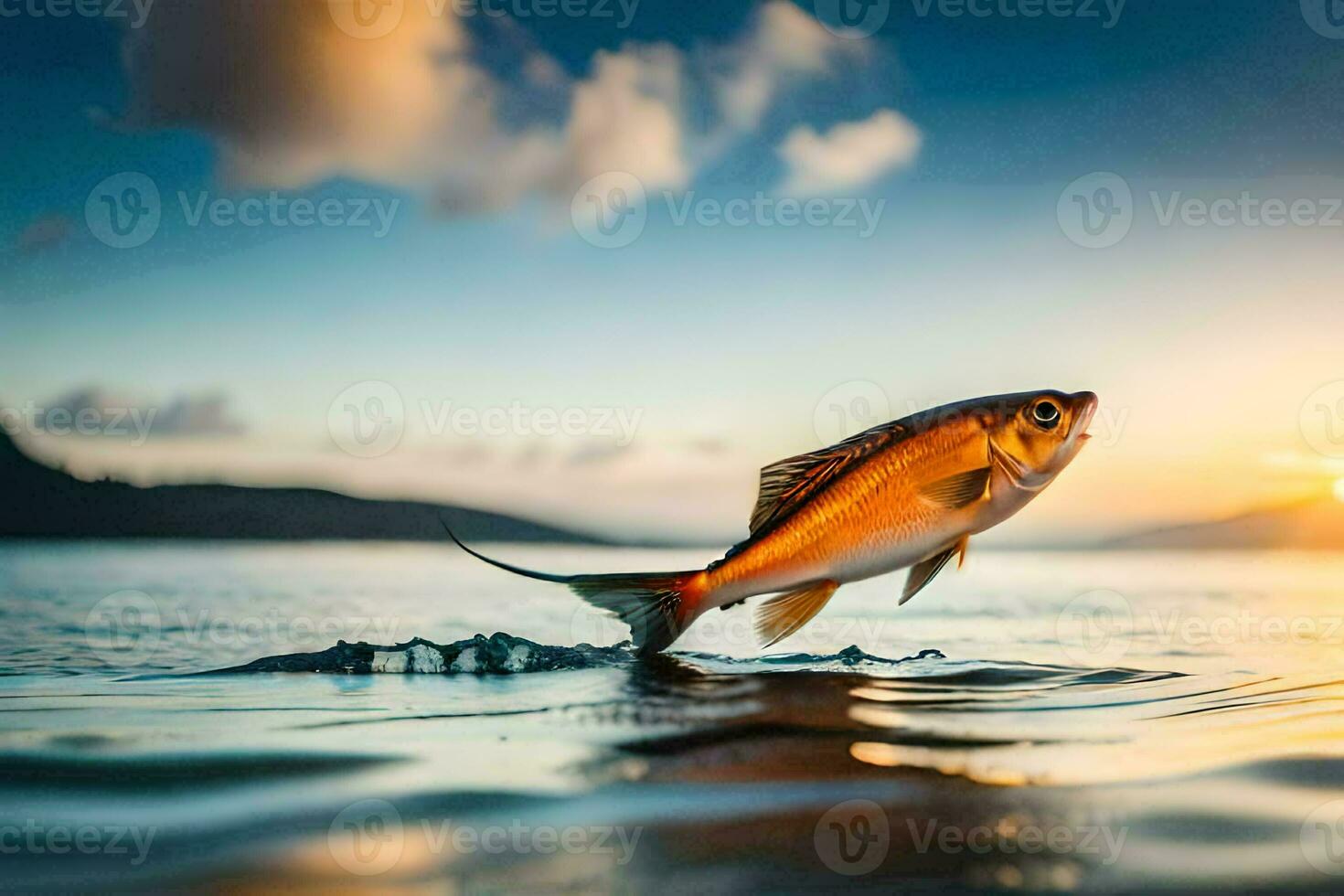 une poisson est sauter en dehors de le l'eau à le coucher du soleil. généré par ai photo