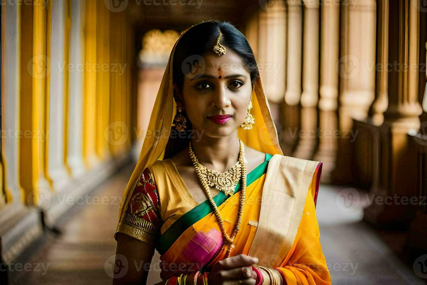 une femme dans traditionnel sari pose pour une portrait. généré par ai photo
