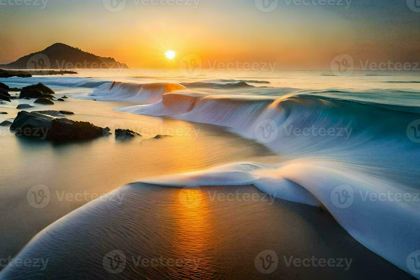 une magnifique le coucher du soleil plus de le océan avec vagues s'écraser dans le rive. généré par ai photo