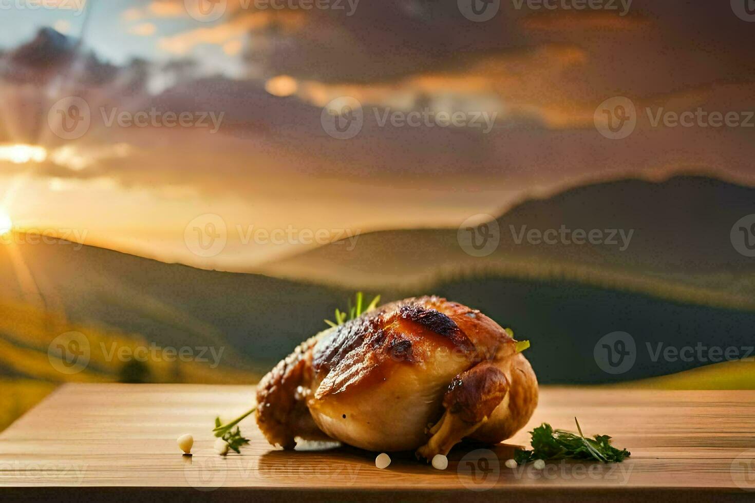 une poulet sur une en bois table avec le Soleil réglage derrière il. généré par ai photo