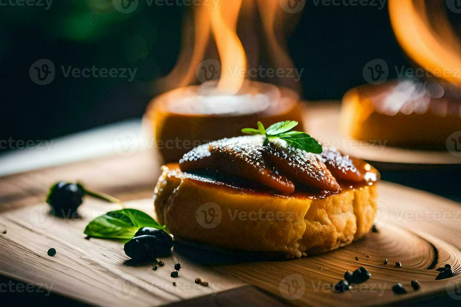 nourriture sur une en bois planche avec flammes. généré par ai photo