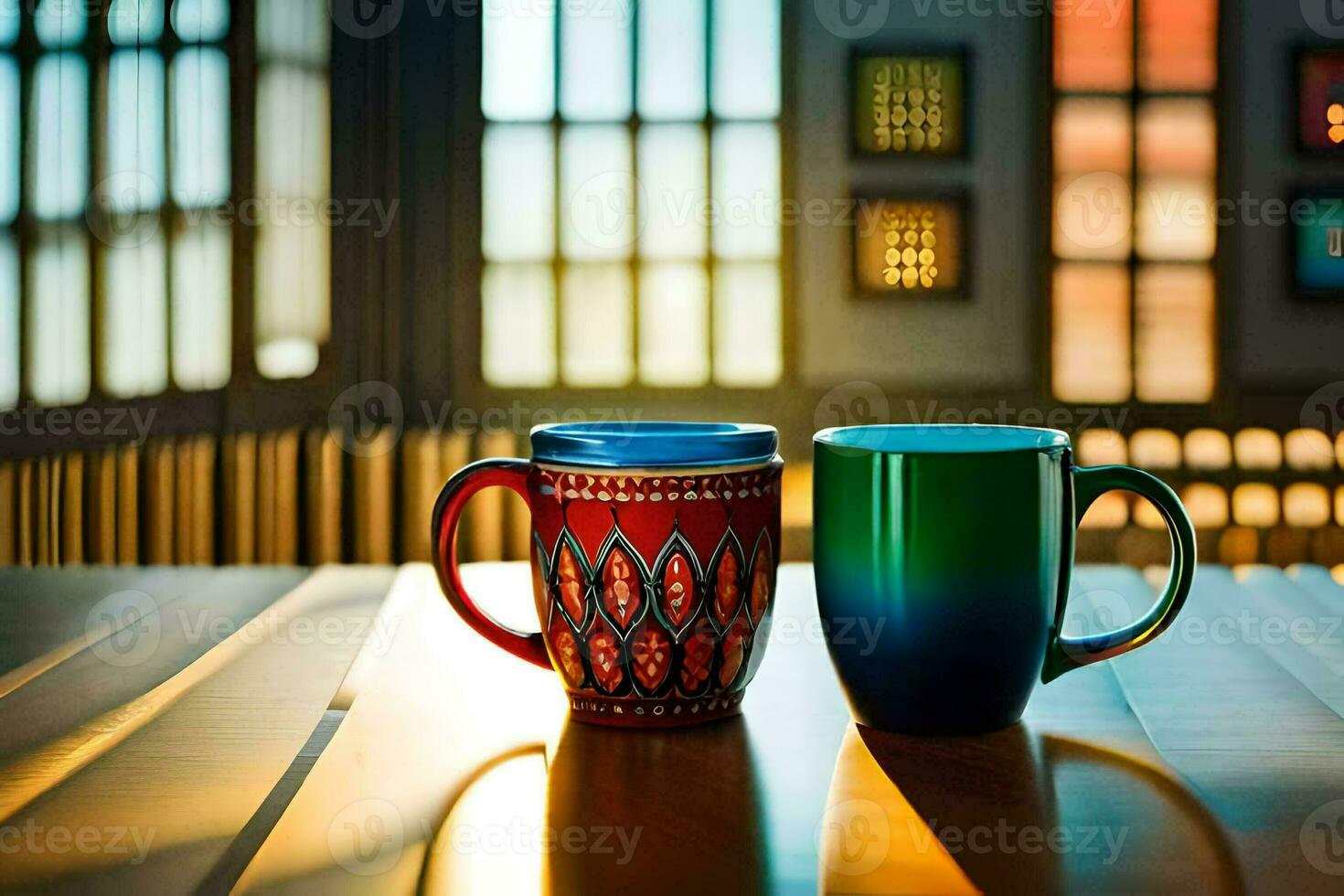 deux coloré café des tasses asseoir sur une tableau. généré par ai photo