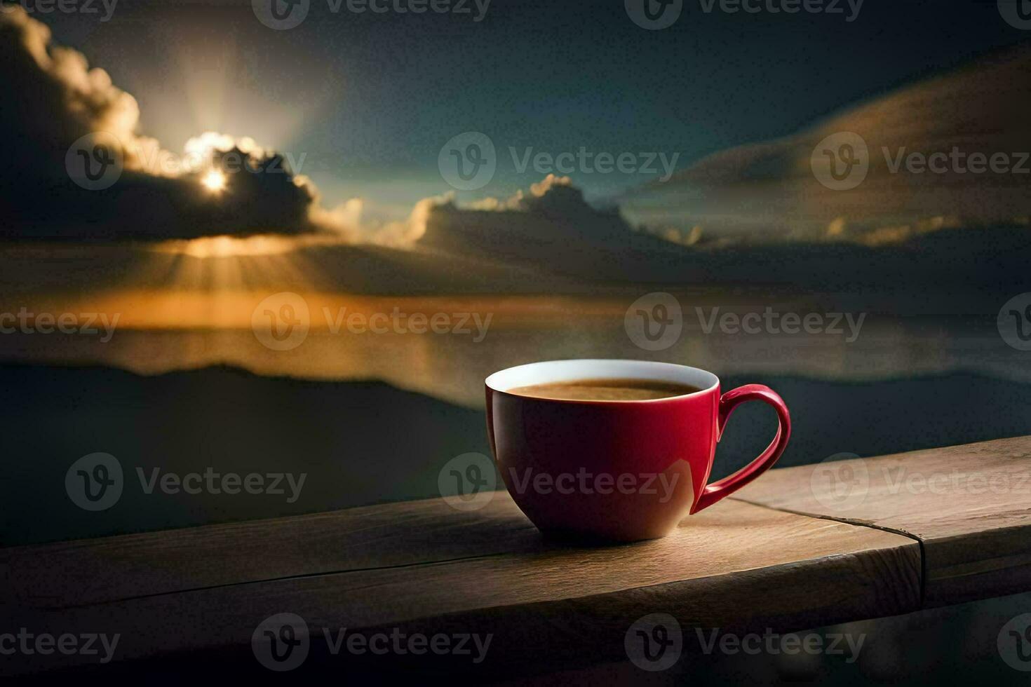 une tasse de café sur une balcon surplombant le mer. généré par ai photo