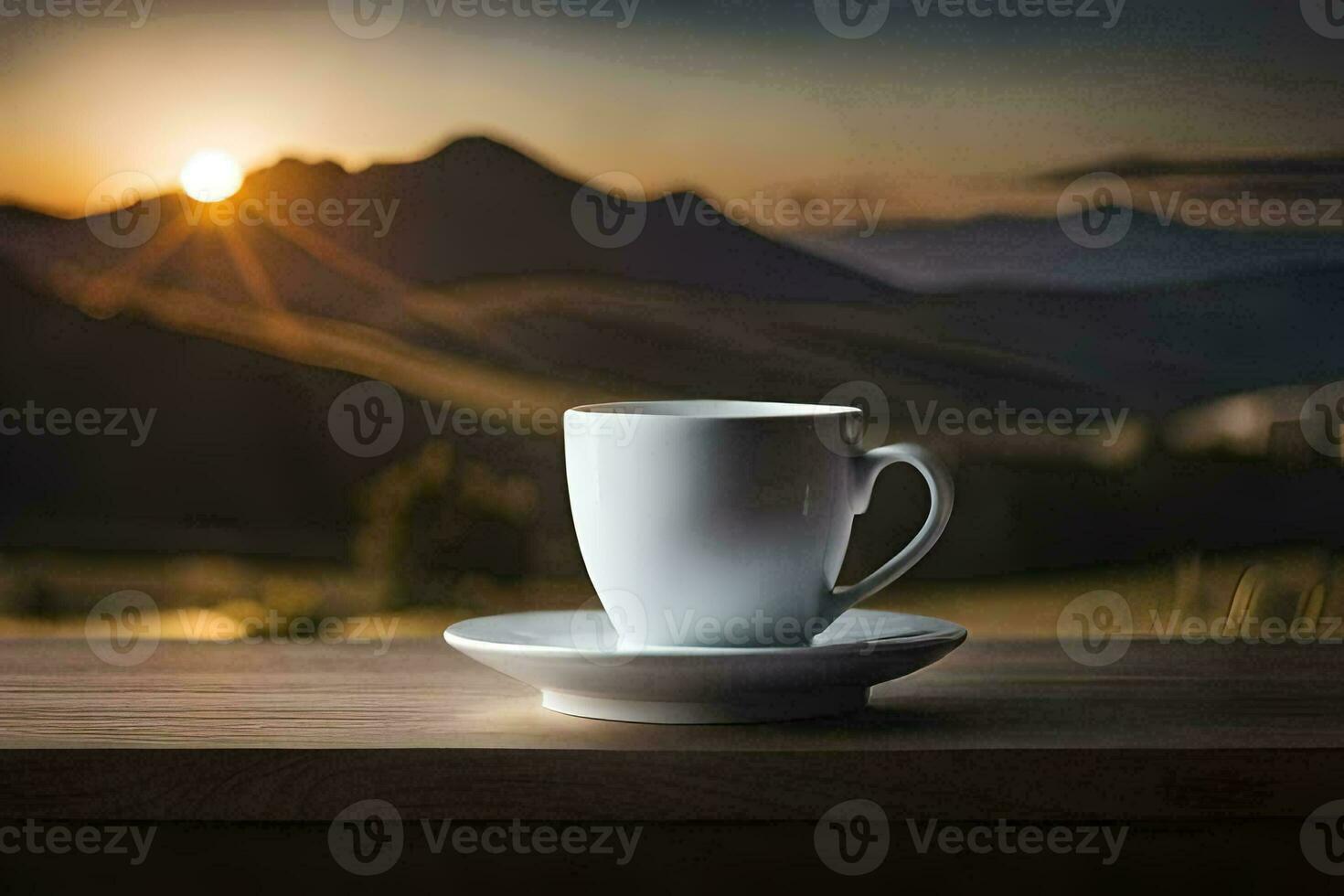une tasse de café sur une table dans de face de une Montagne. généré par ai photo
