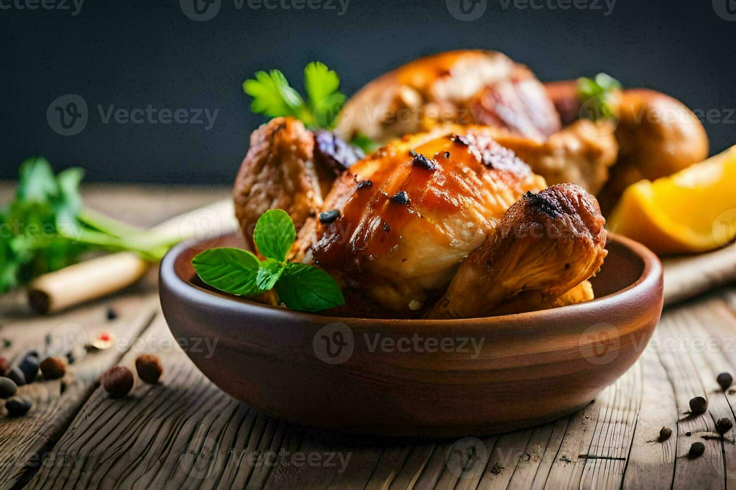 poulet dans une bol avec herbes et épices sur une en bois tableau. généré par ai photo