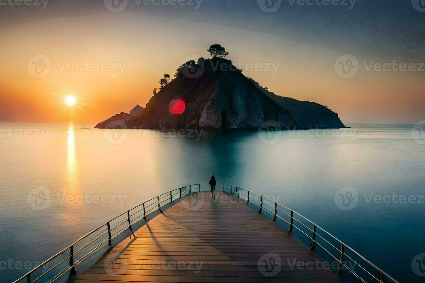 une homme des stands sur une jetée à la recherche en dehors à mer à le coucher du soleil. généré par ai photo