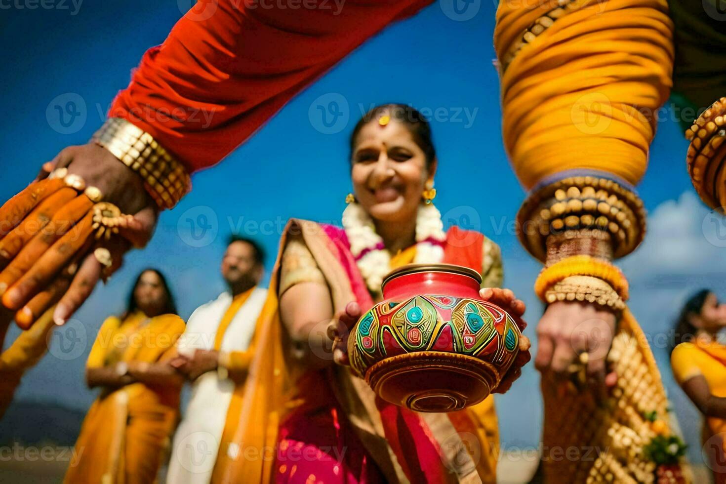 une femme dans Indien robe en portant une pot. généré par ai photo