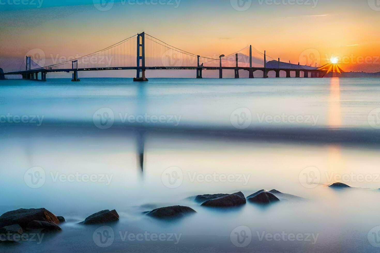 une longue exposition photographier de une pont plus de le océan. généré par ai photo