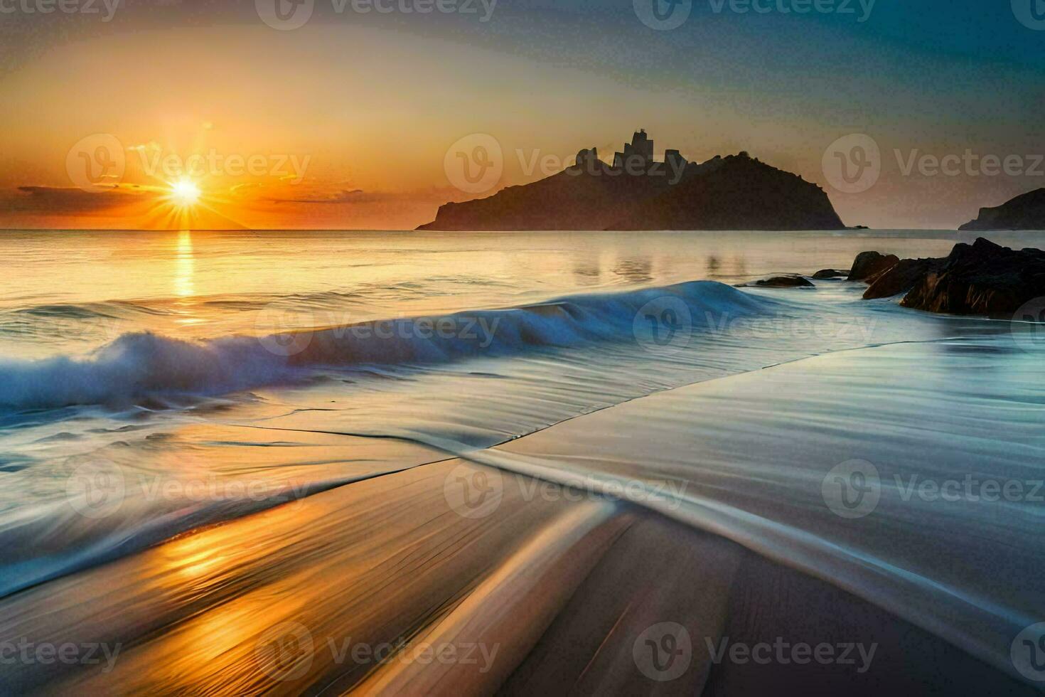 le Soleil ensembles plus de une rocheux plage et une château. généré par ai photo