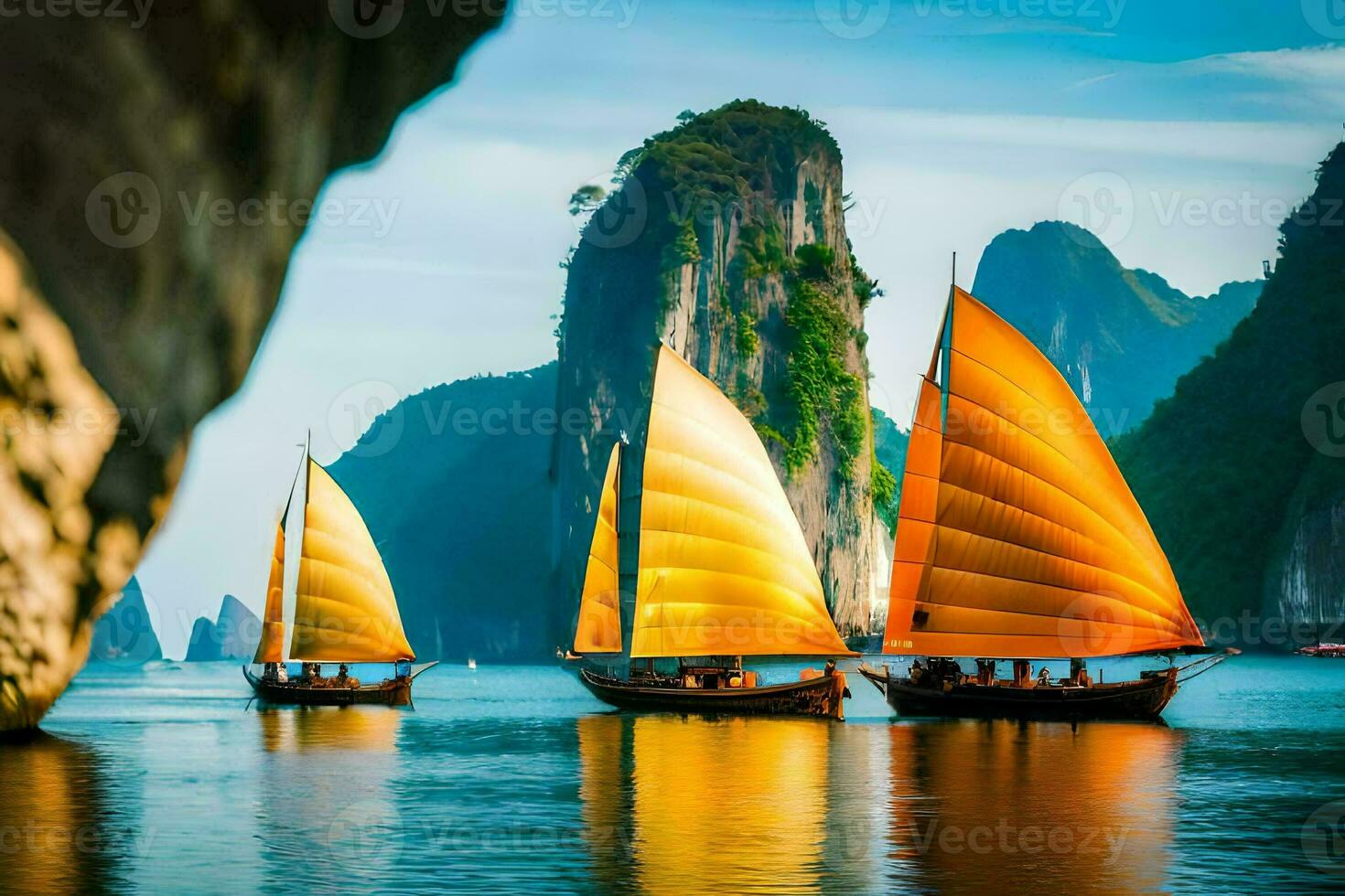 Trois bateaux avec Jaune voiles dans le l'eau. généré par ai photo