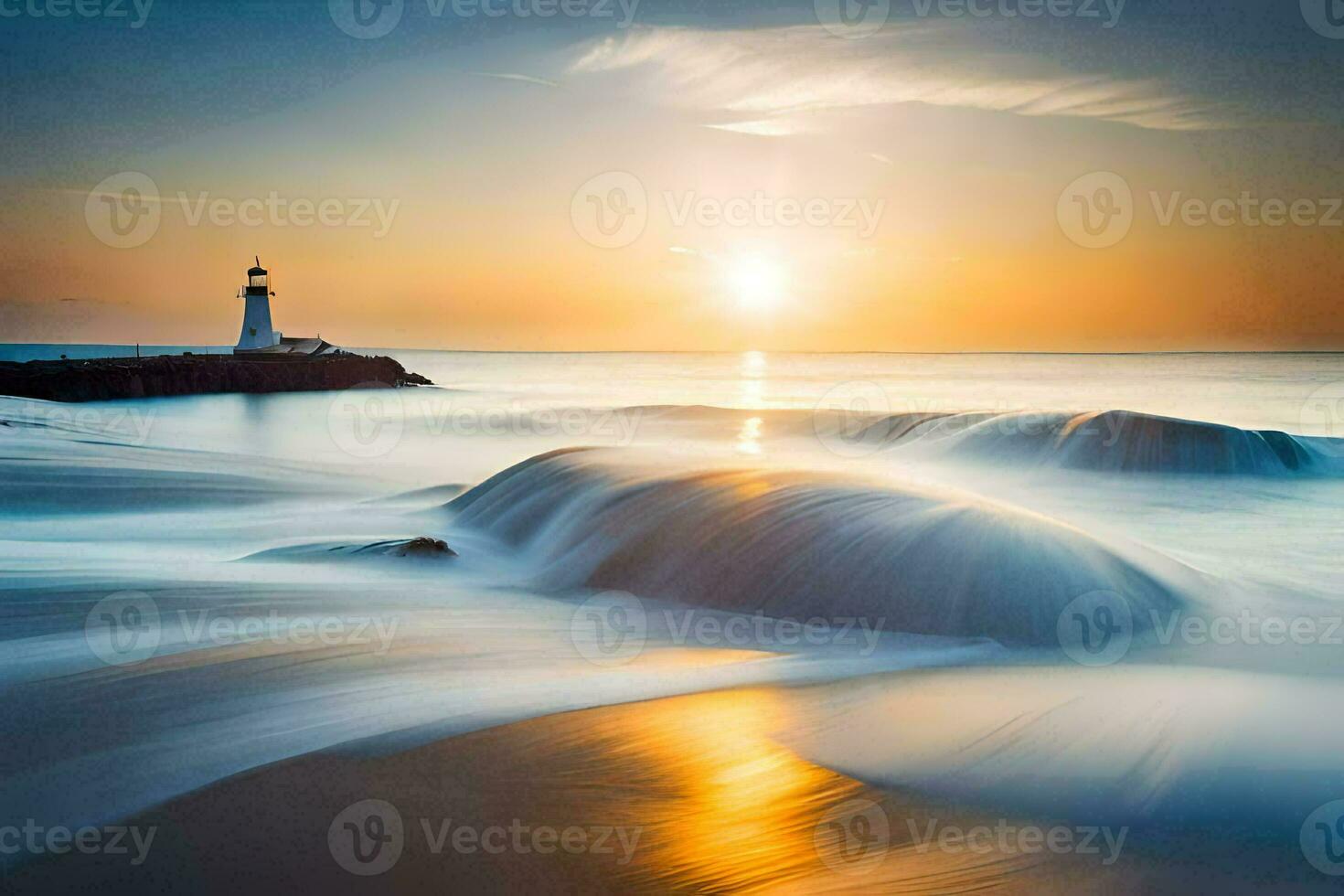 une phare dans le océan à le coucher du soleil. généré par ai photo