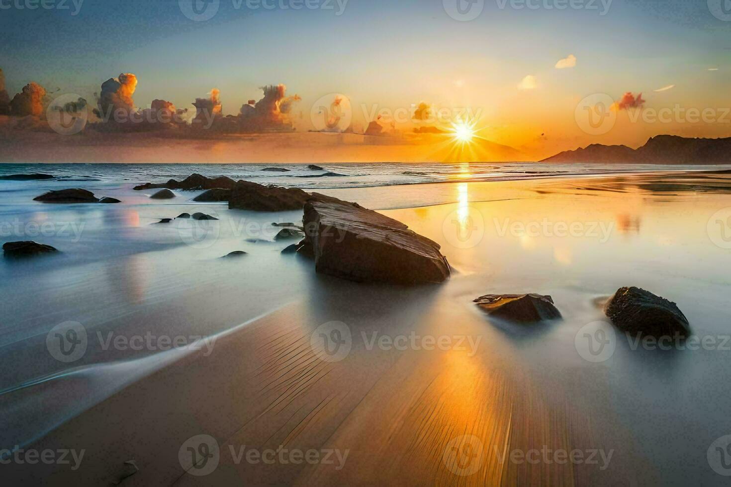 le Soleil monte plus de le océan et rochers sur le plage. généré par ai photo