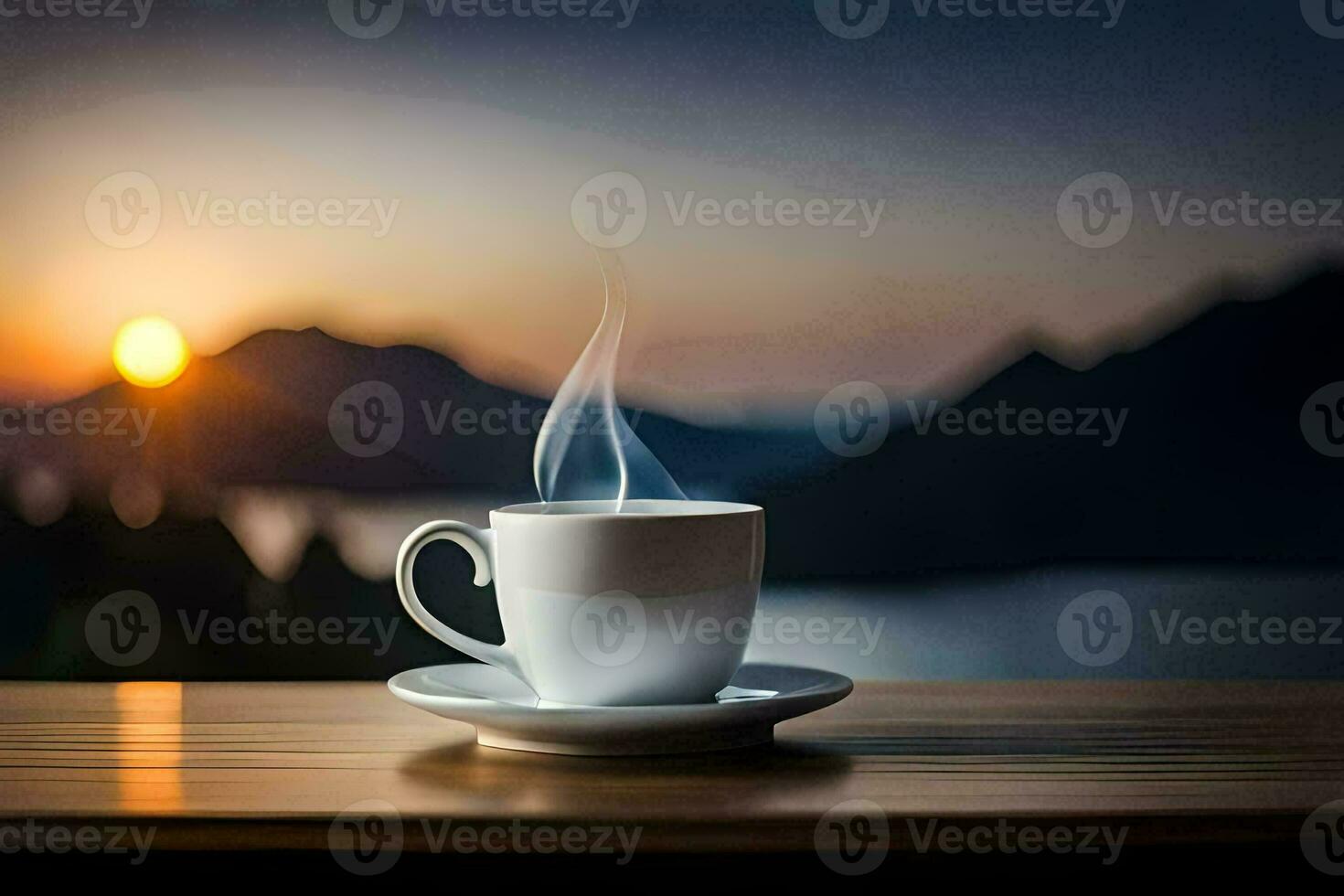 une tasse de café sur une table avec une vue de le montagnes. généré par ai photo