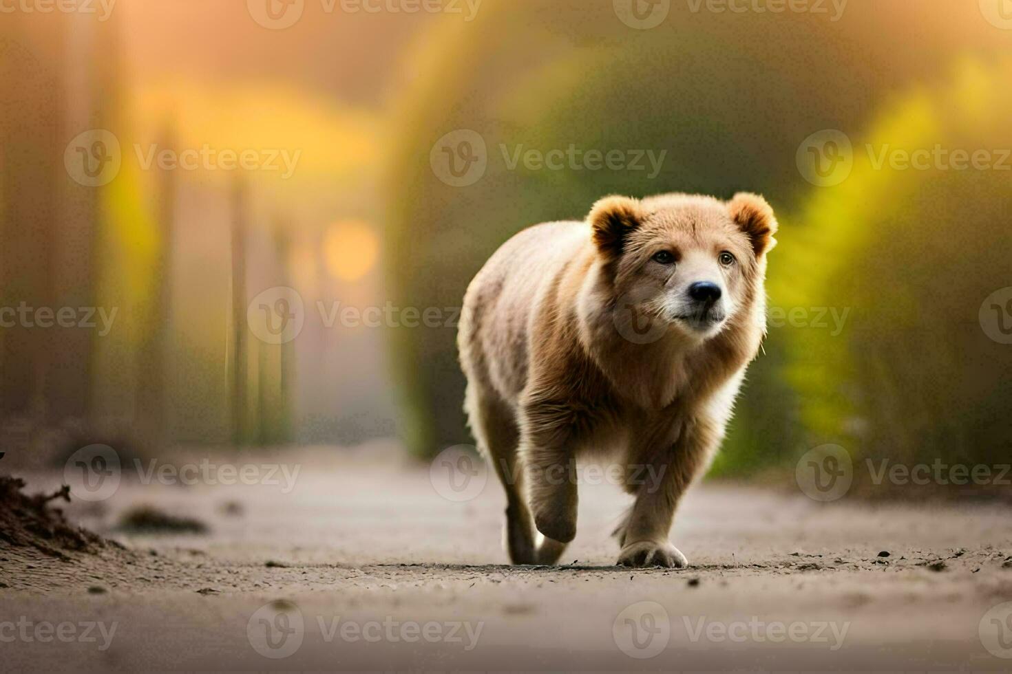 une chien en marchant vers le bas une route dans le lumière du soleil. généré par ai photo