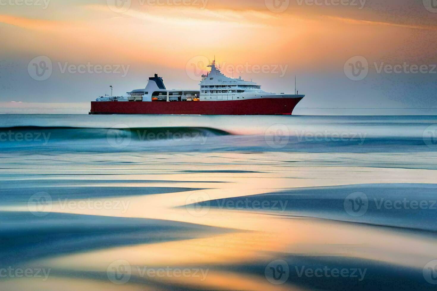 une rouge bateau dans le océan à le coucher du soleil. généré par ai photo