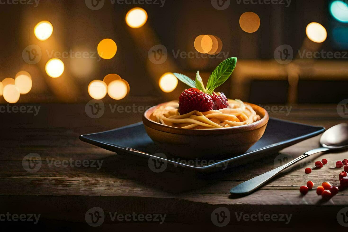 une assiette de Pâtes avec baies et une cuillère sur une en bois tableau. généré par ai photo