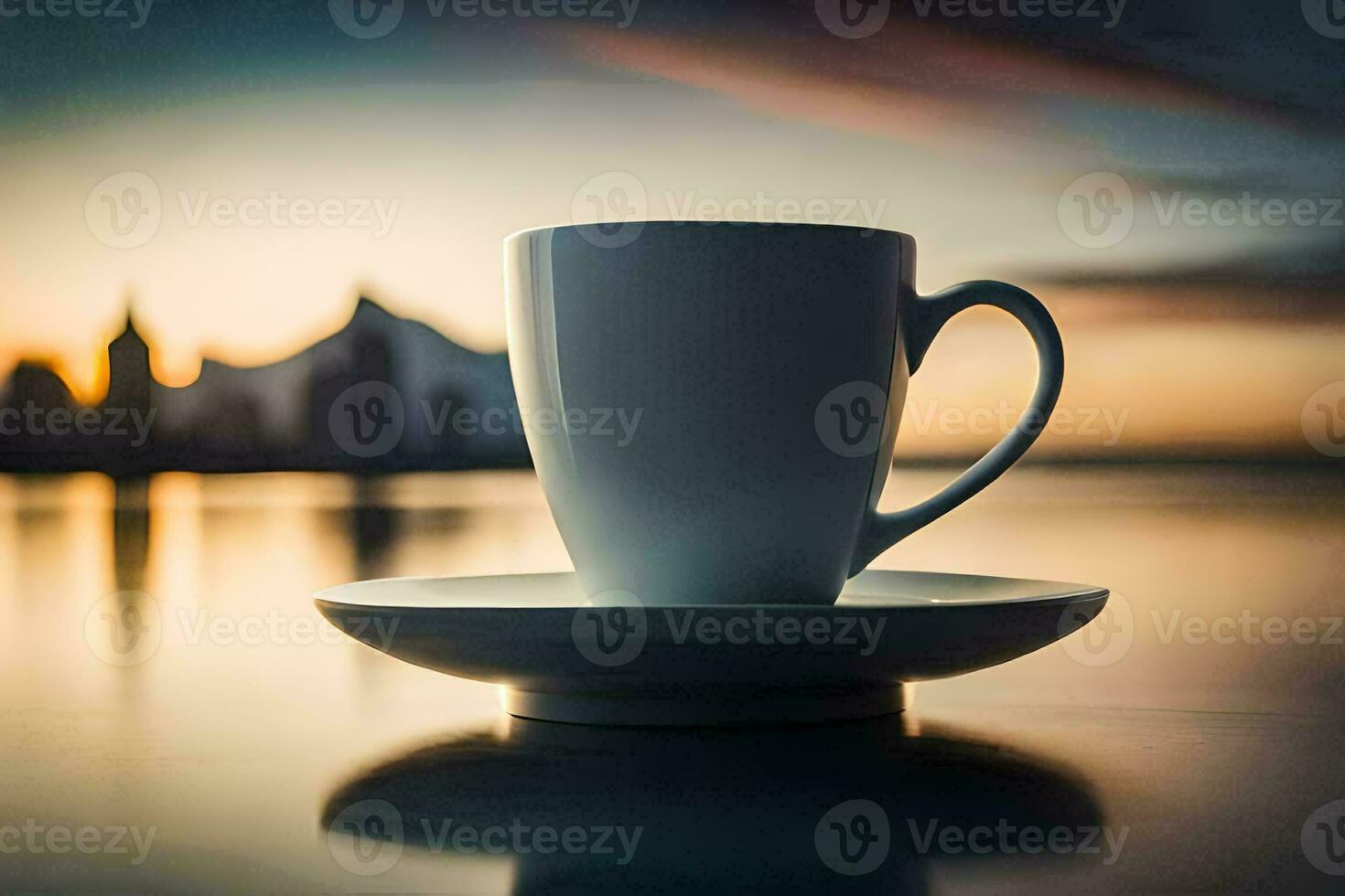 une tasse de café sur une soucoupe dans de face de une ville ligne d'horizon. généré par ai photo