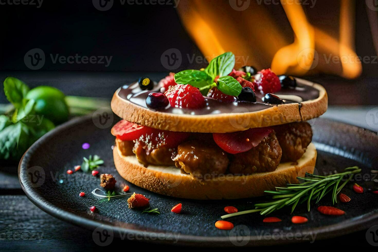 une sandwich avec baies et menthe sur une noir plaque. généré par ai photo