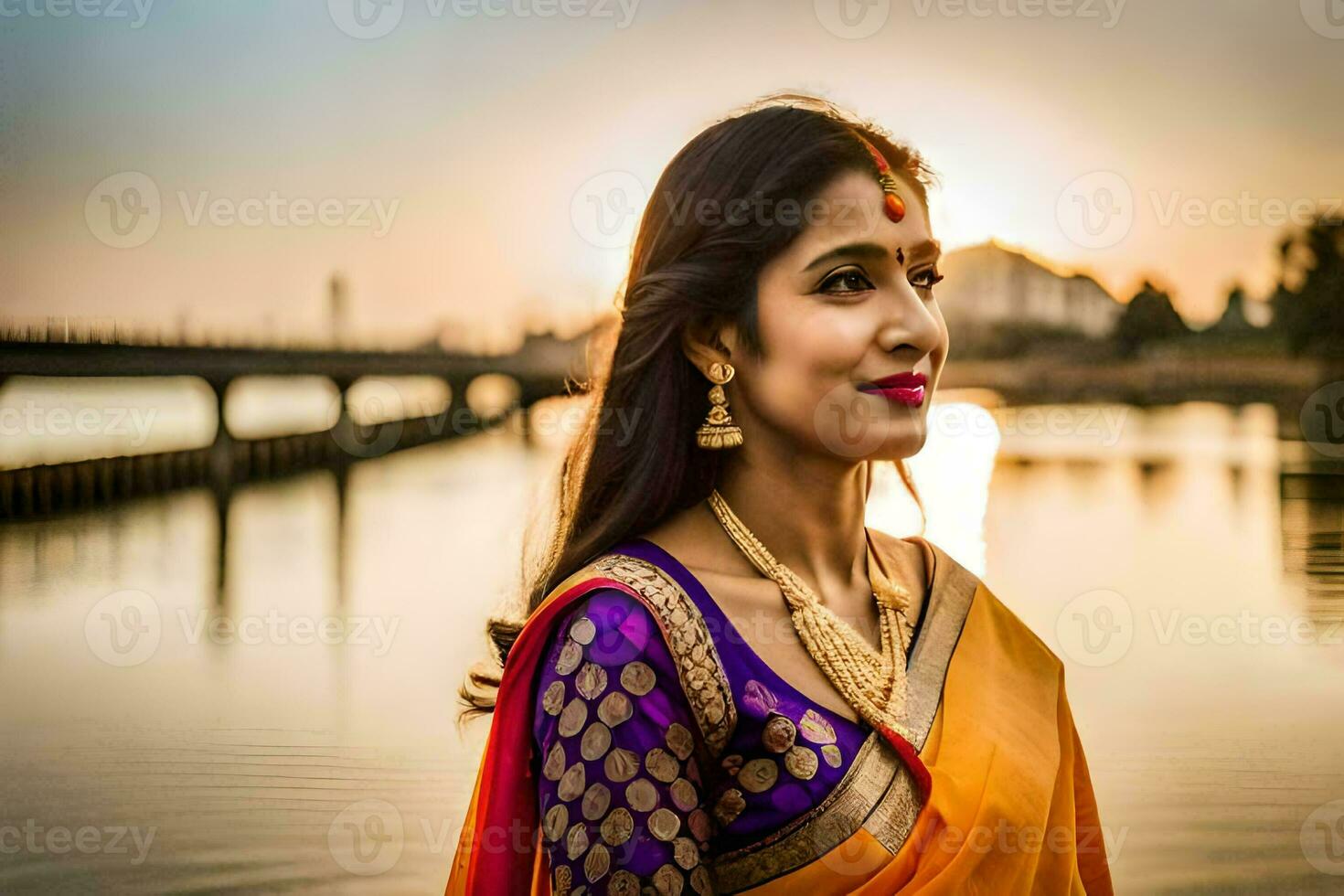 une magnifique Indien femme dans une coloré sari. généré par ai photo