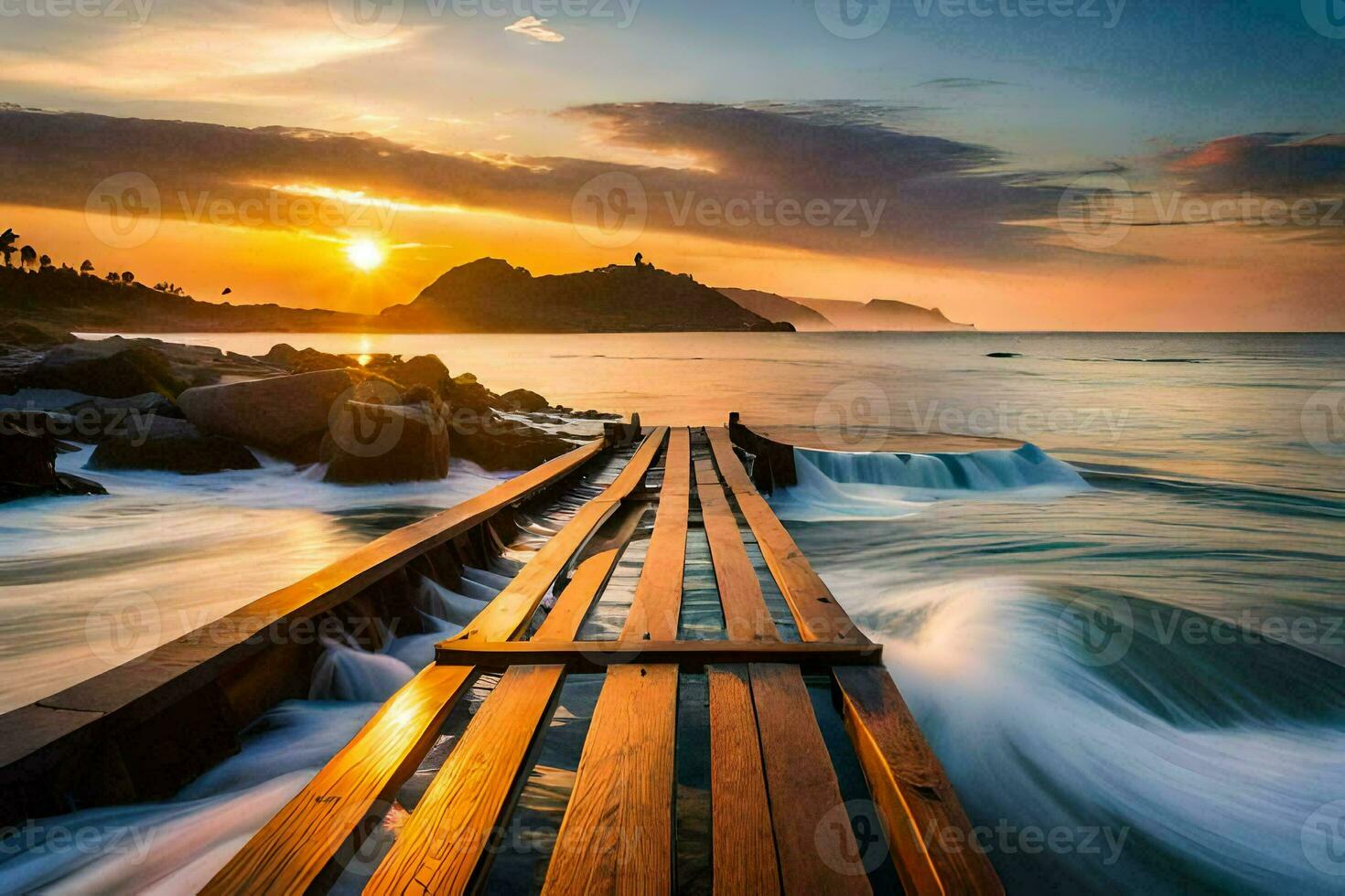 une en bois jetée avec vagues s'écraser dans il à le coucher du soleil. généré par ai photo