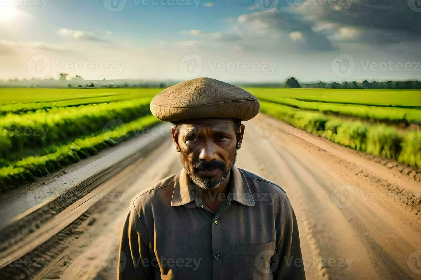 une homme dans une chapeau des stands dans le milieu de une saleté route. généré par ai photo