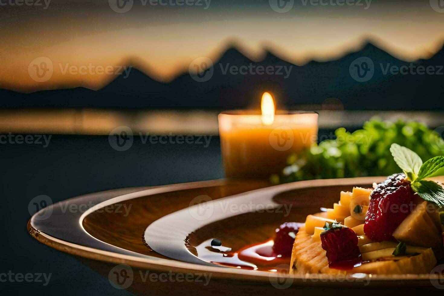 une assiette de Pâtes avec baies et une bougie sur une table dans de face de une Montagne. généré par ai photo