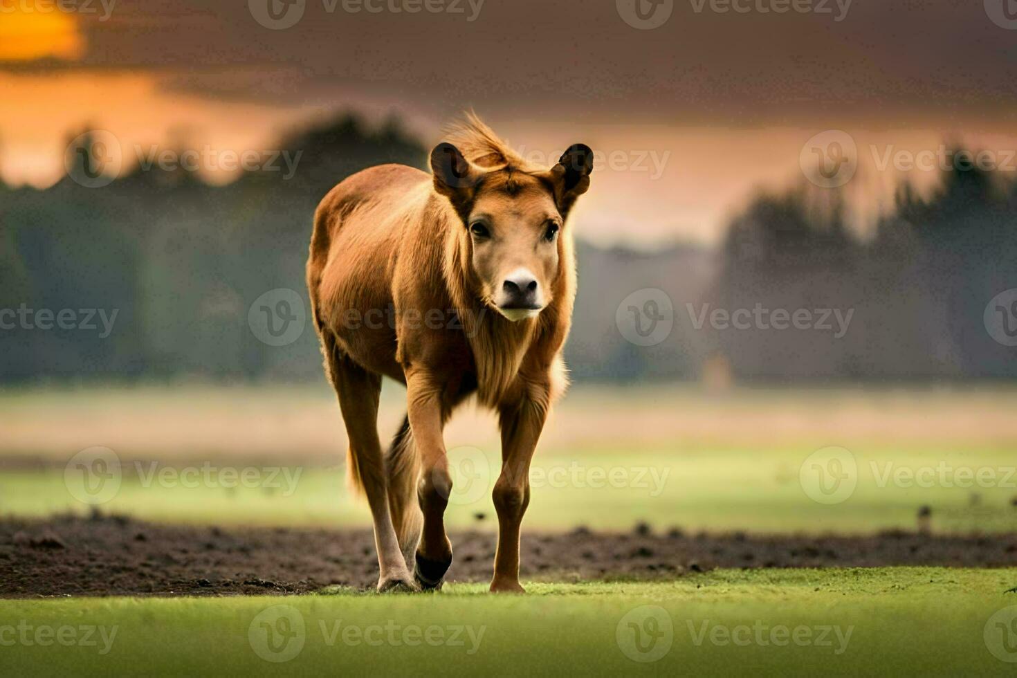 une cheval est en marchant dans le herbe à le coucher du soleil. généré par ai photo