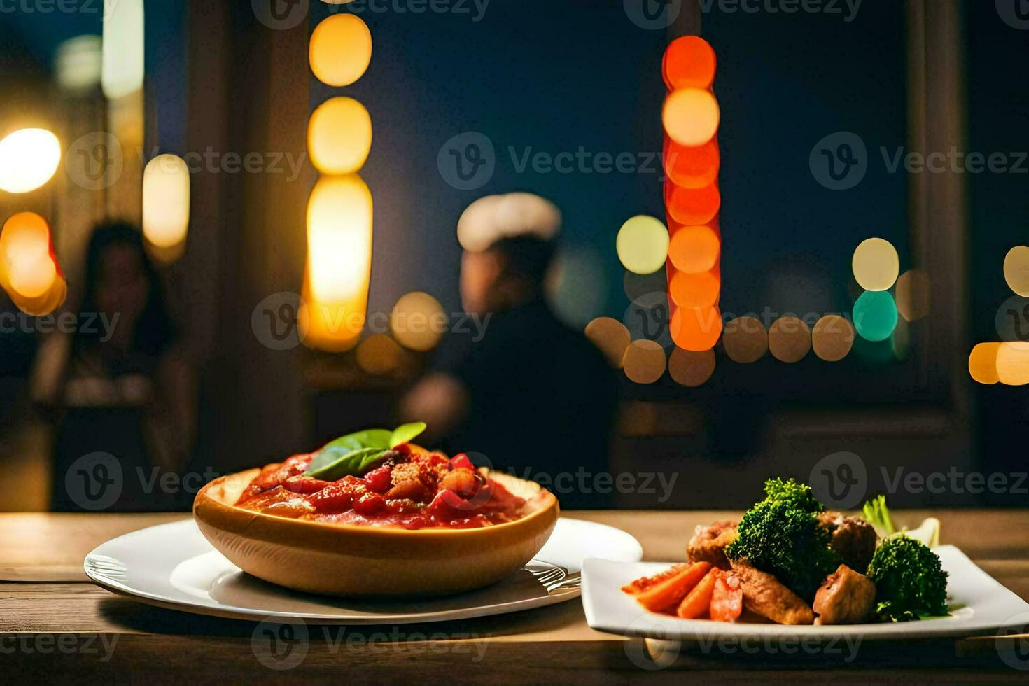 une assiette de nourriture avec une vue de le ville. généré par ai photo