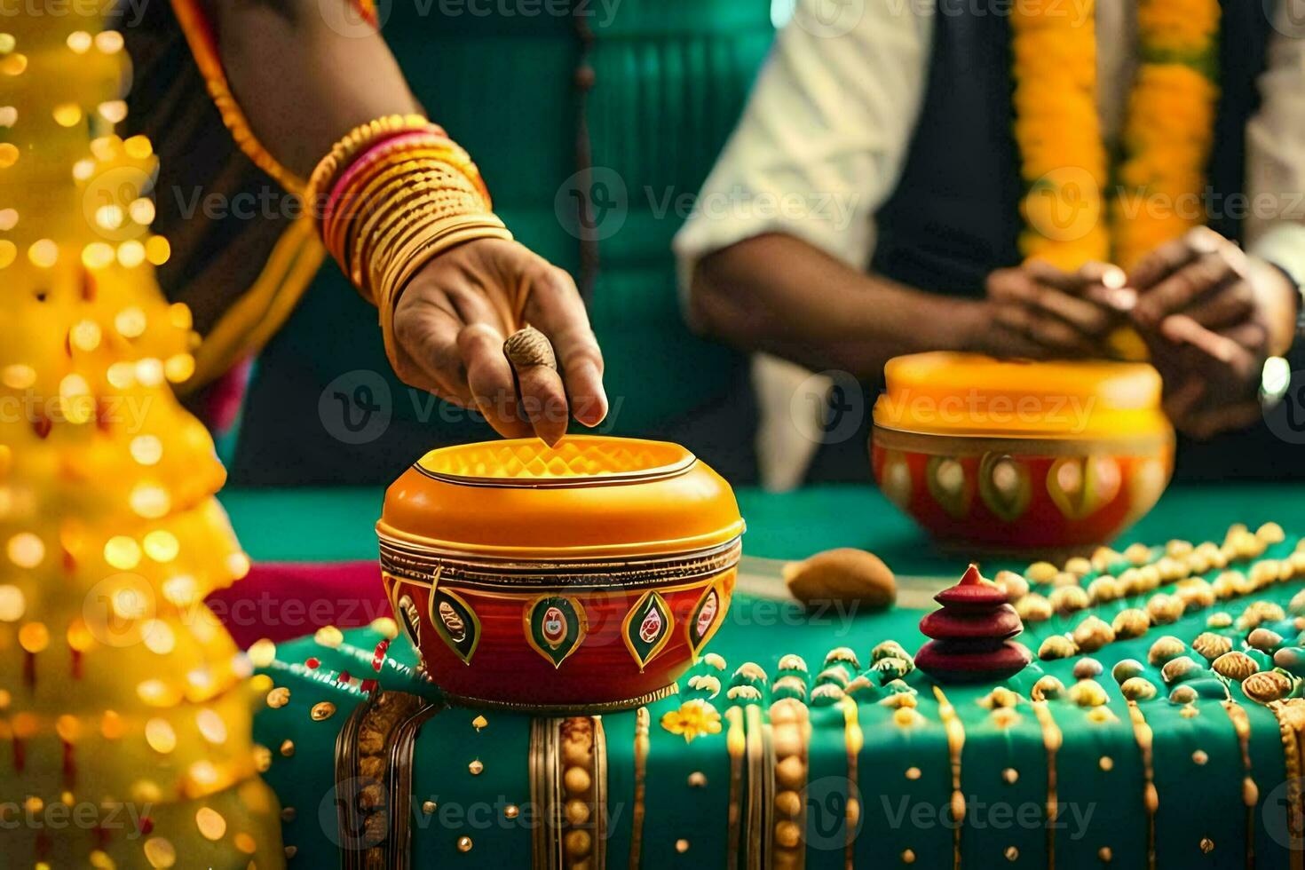 une homme et femme sont en train de préparer nourriture pour une mariage. généré par ai photo