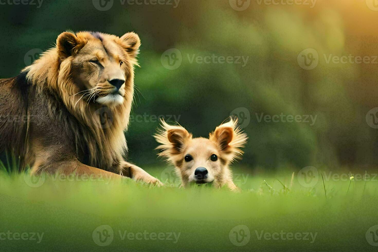 une Lion et une chien sont pose dans le herbe. généré par ai photo