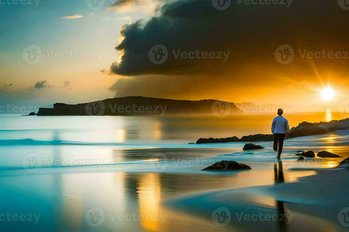 une homme en marchant sur le plage à le coucher du soleil. généré par ai photo