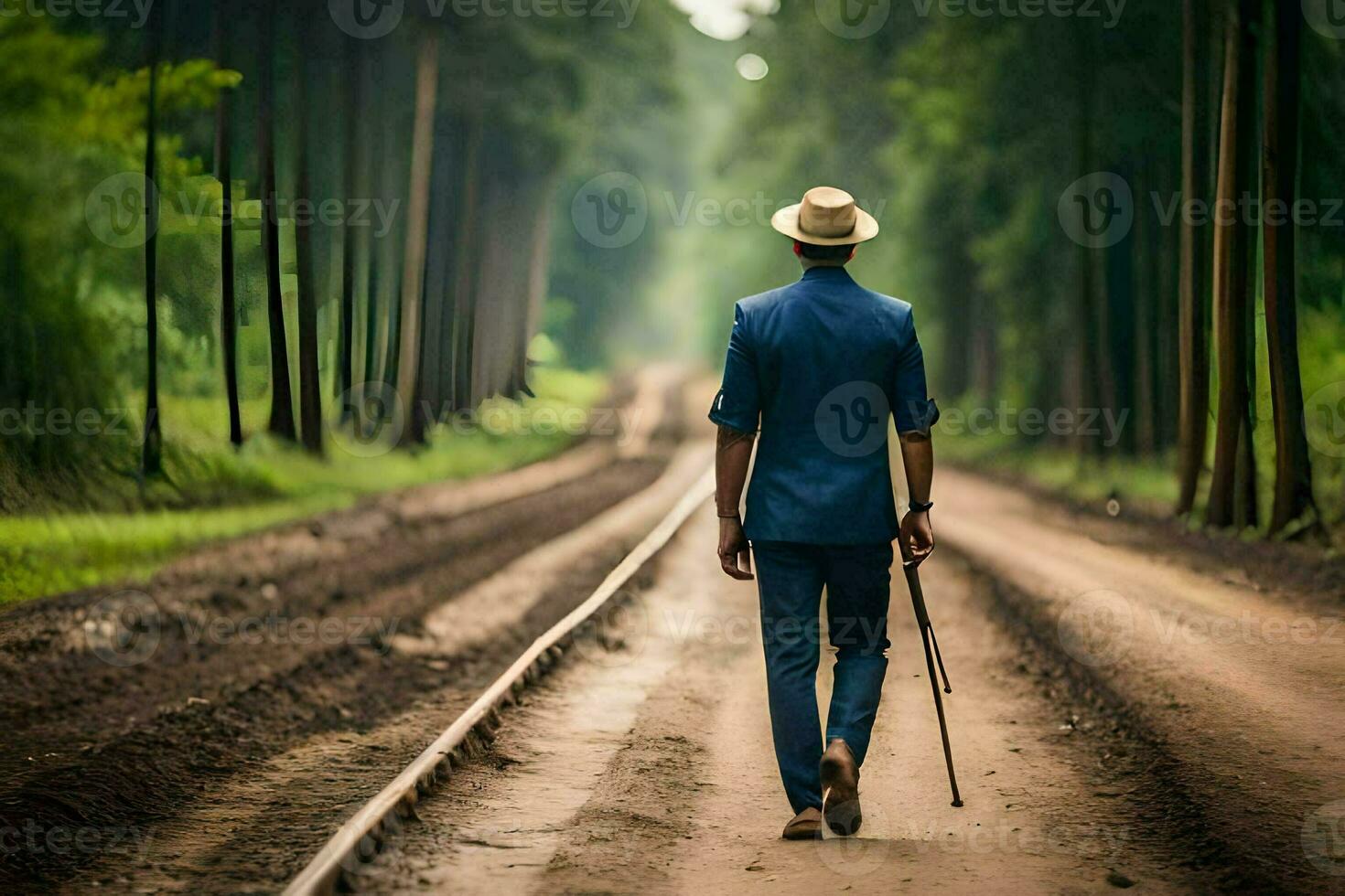 une homme dans une chapeau et costume en marchant vers le bas une route. généré par ai photo