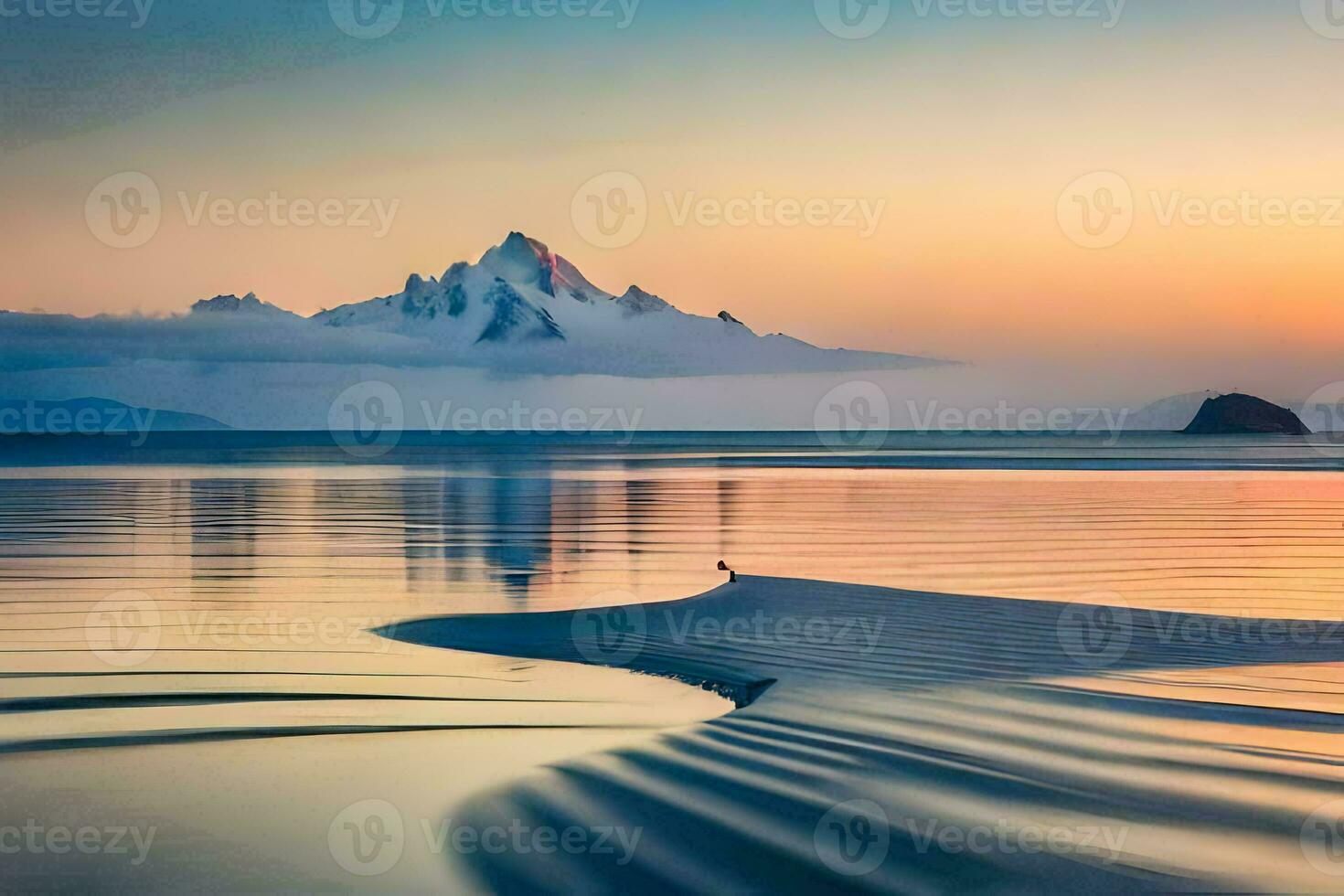 une seul oiseau des stands sur le plage à le coucher du soleil. généré par ai photo