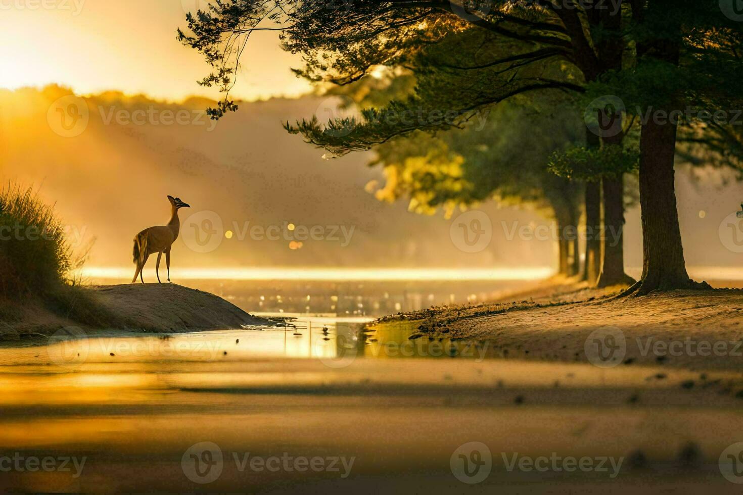 une cerf des stands sur le rive de une Lac à lever du soleil. généré par ai photo