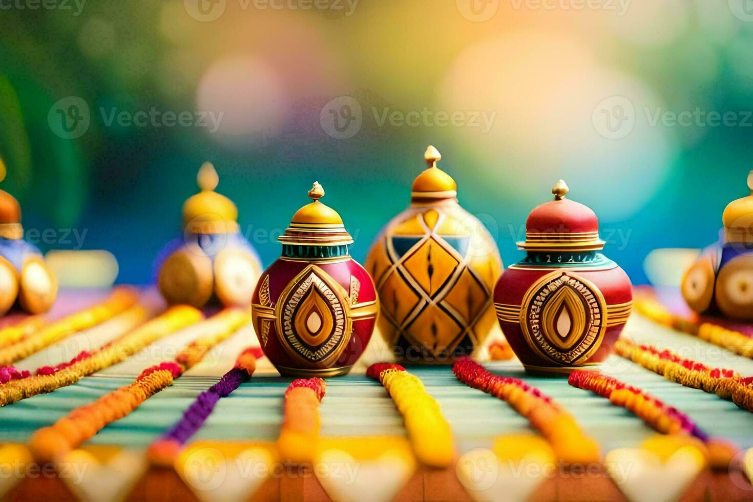 coloré décoré des vases sur une table avec coloré fleurs. généré par ai photo