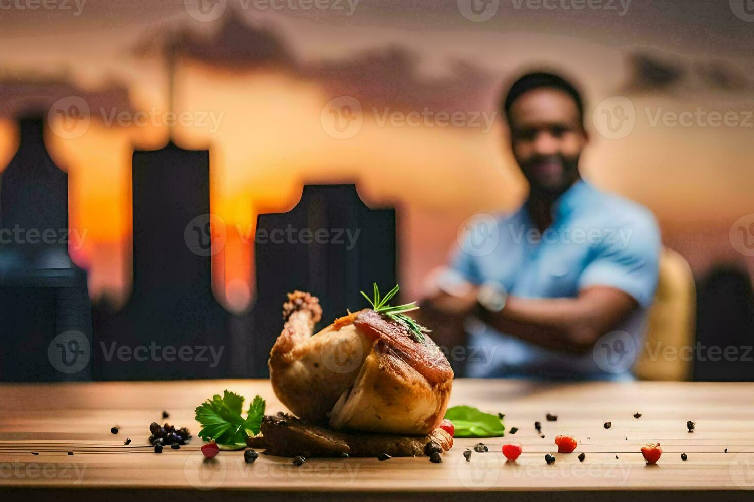 une homme séance à une table avec une poulet sur il. généré par ai photo