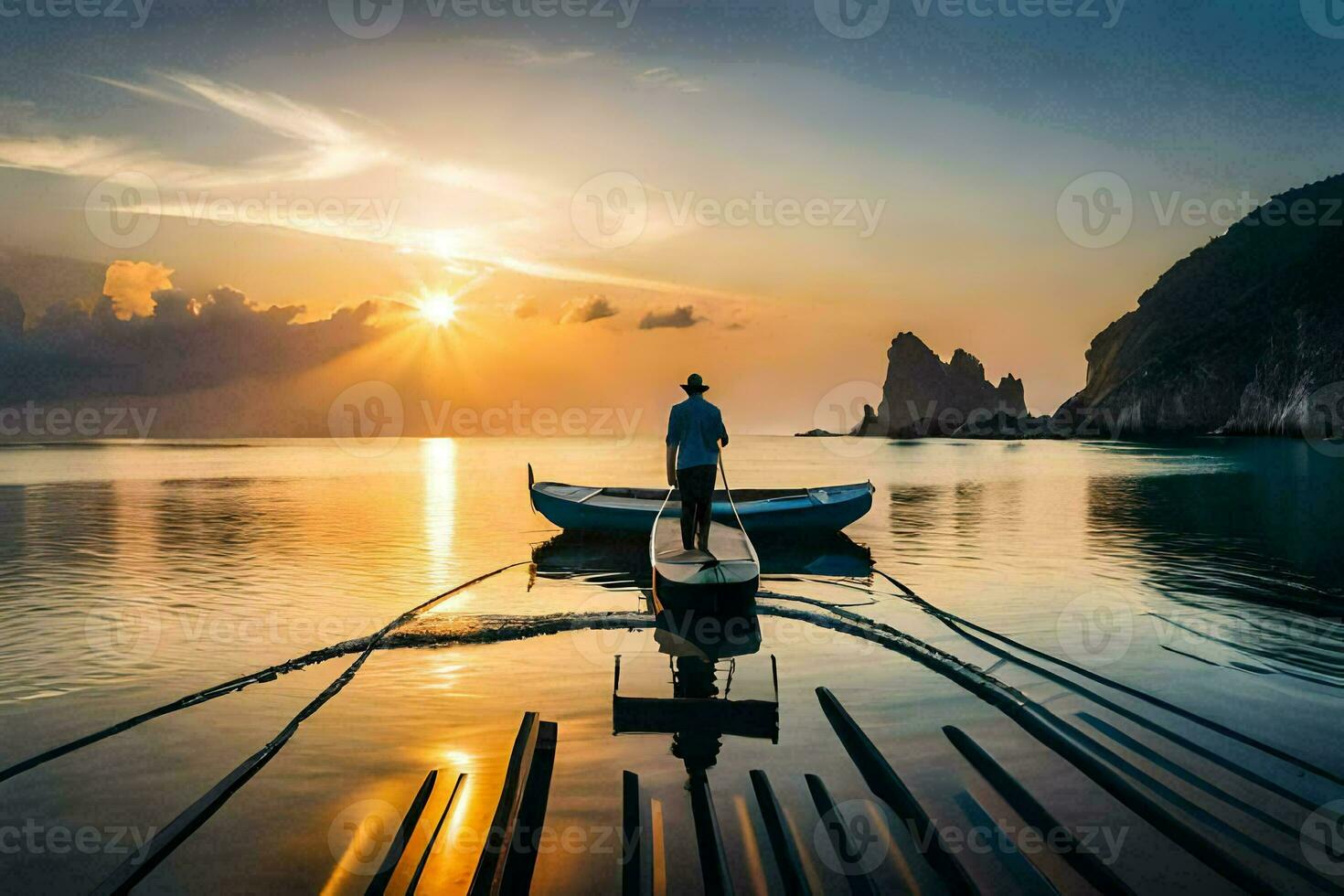 une homme permanent sur une bateau dans le océan à le coucher du soleil. généré par ai photo