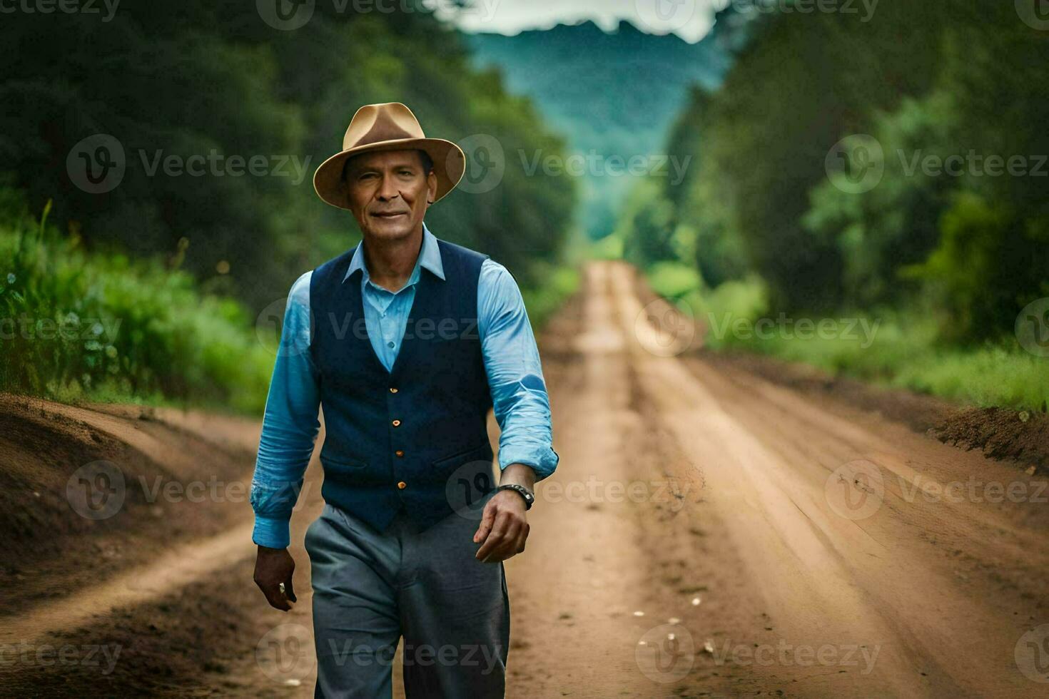 une homme dans une chapeau et gilet en marchant vers le bas une saleté route. généré par ai photo