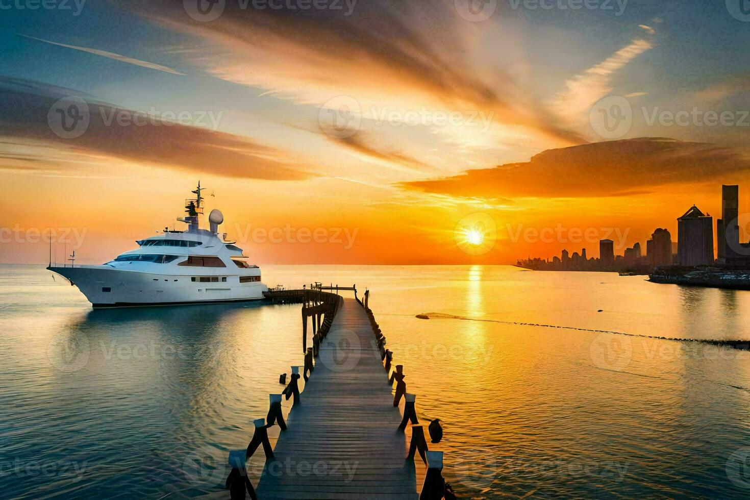 une yacht amarré à le coucher du soleil dans le océan. généré par ai photo