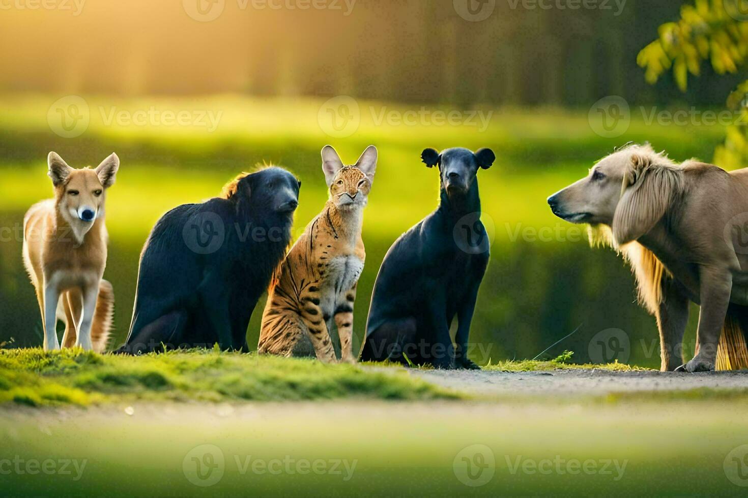 une groupe de animaux séance sur le herbe. généré par ai photo