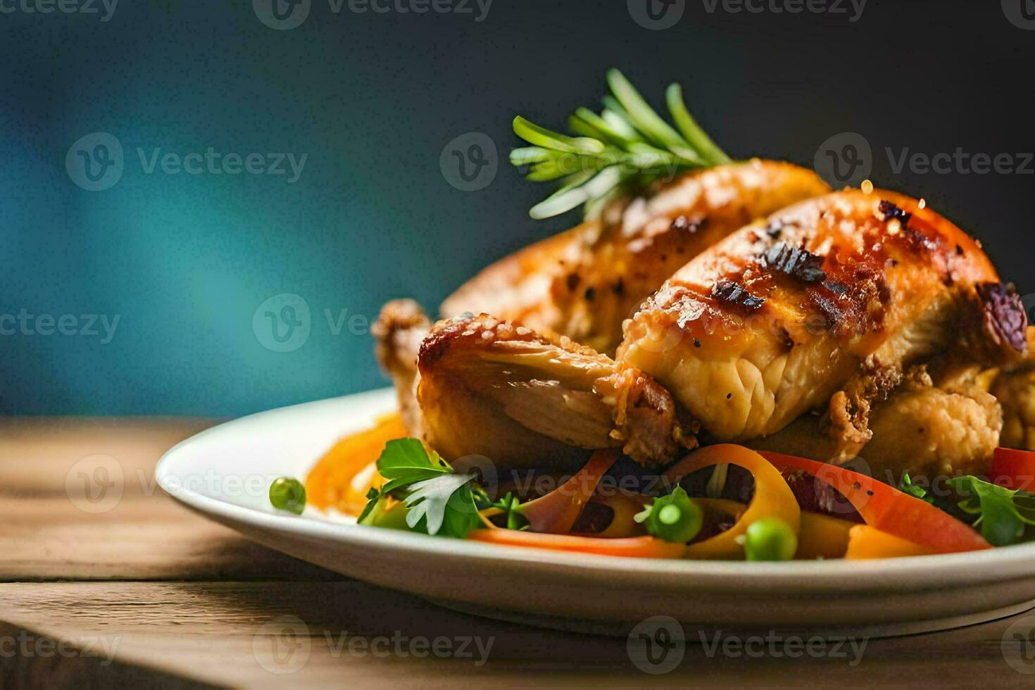 une assiette de poulet avec des légumes et herbes. généré par ai photo