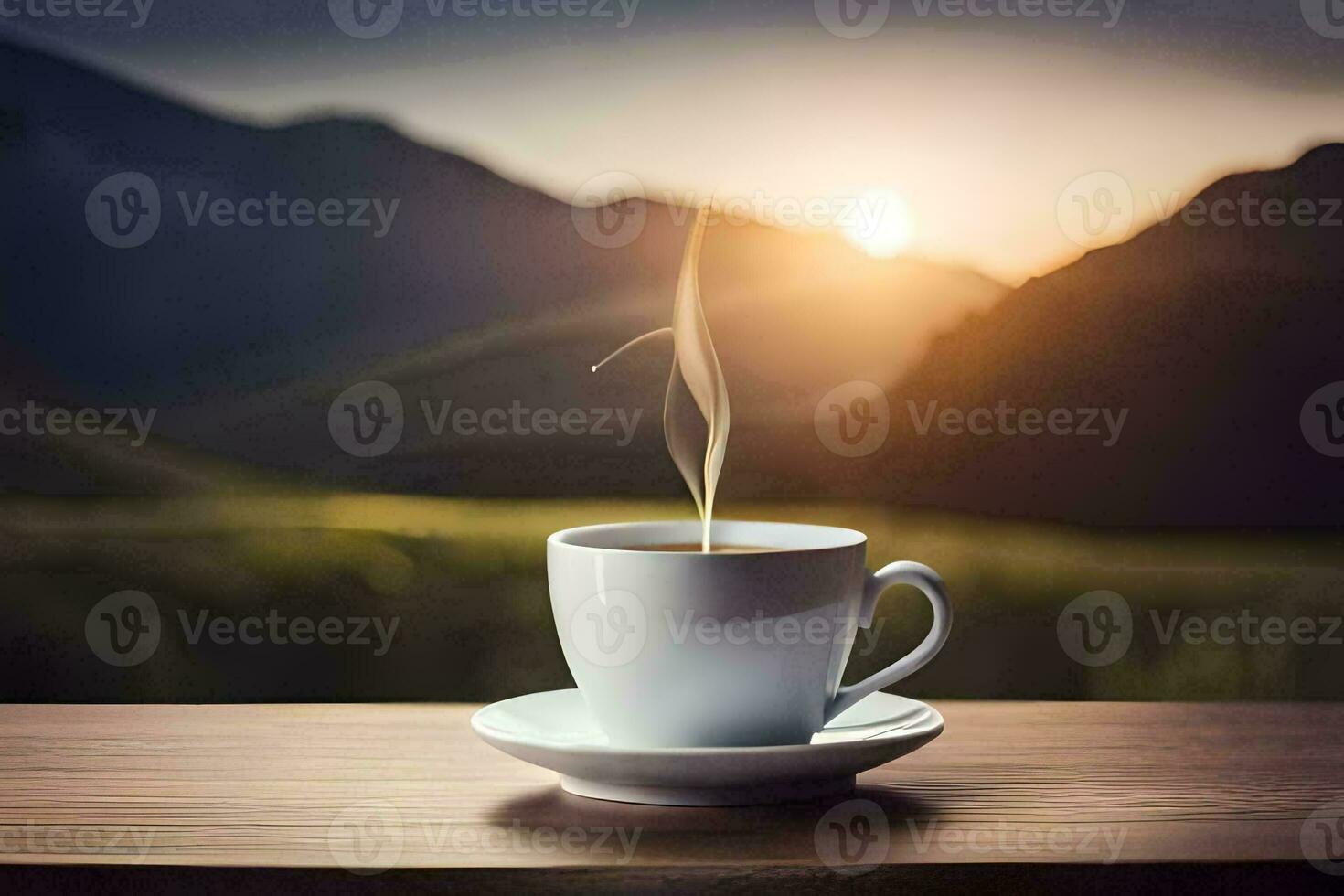 café tasse sur le table avec montagnes dans le Contexte. généré par ai photo