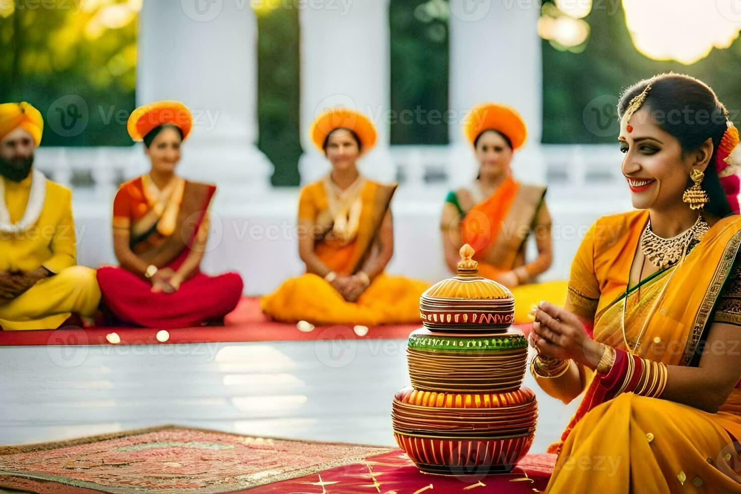 Indien mariage la cérémonie dans le ville. généré par ai photo