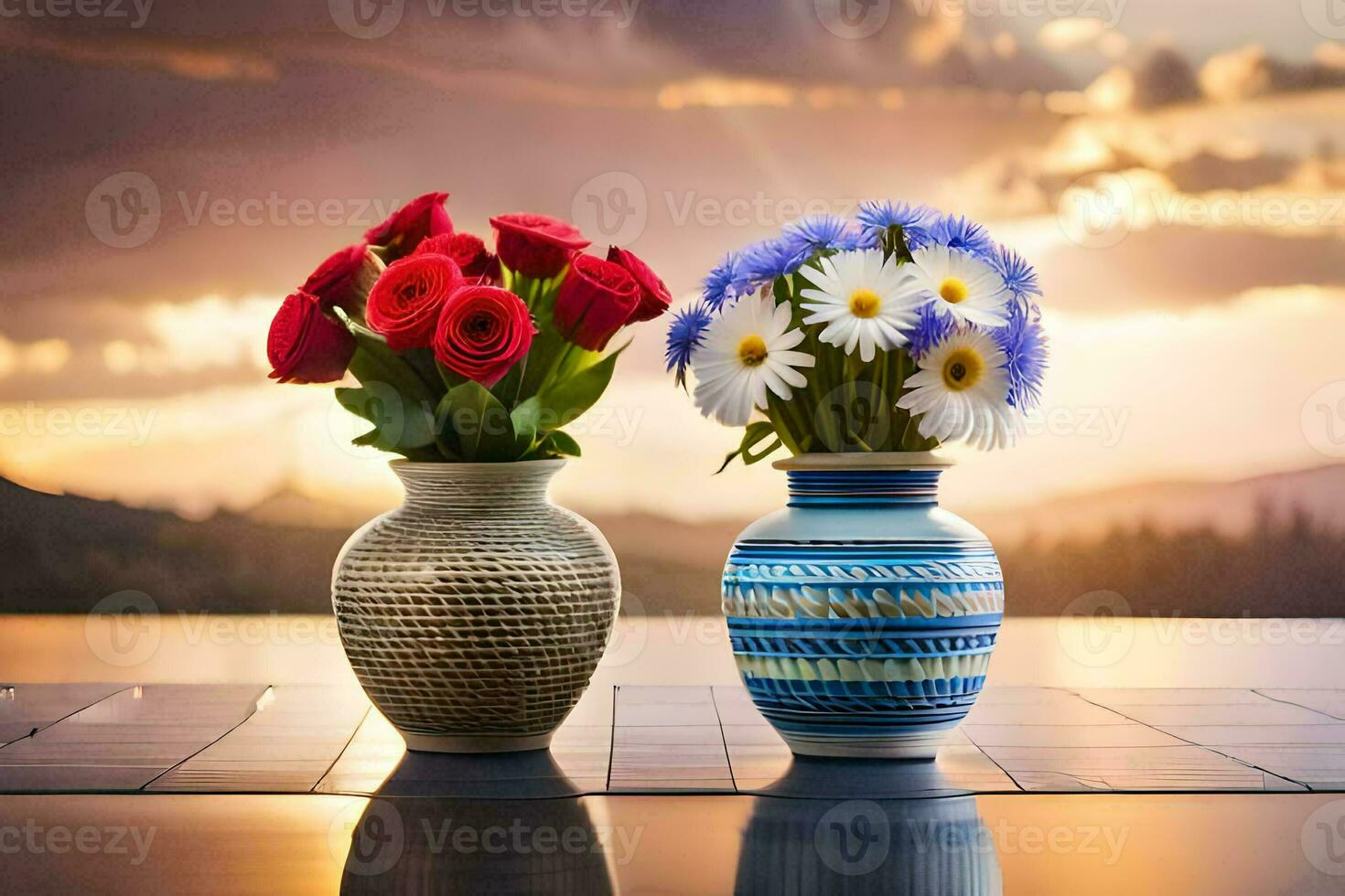 deux des vases avec fleurs sur une table dans de face de une le coucher du soleil. généré par ai photo