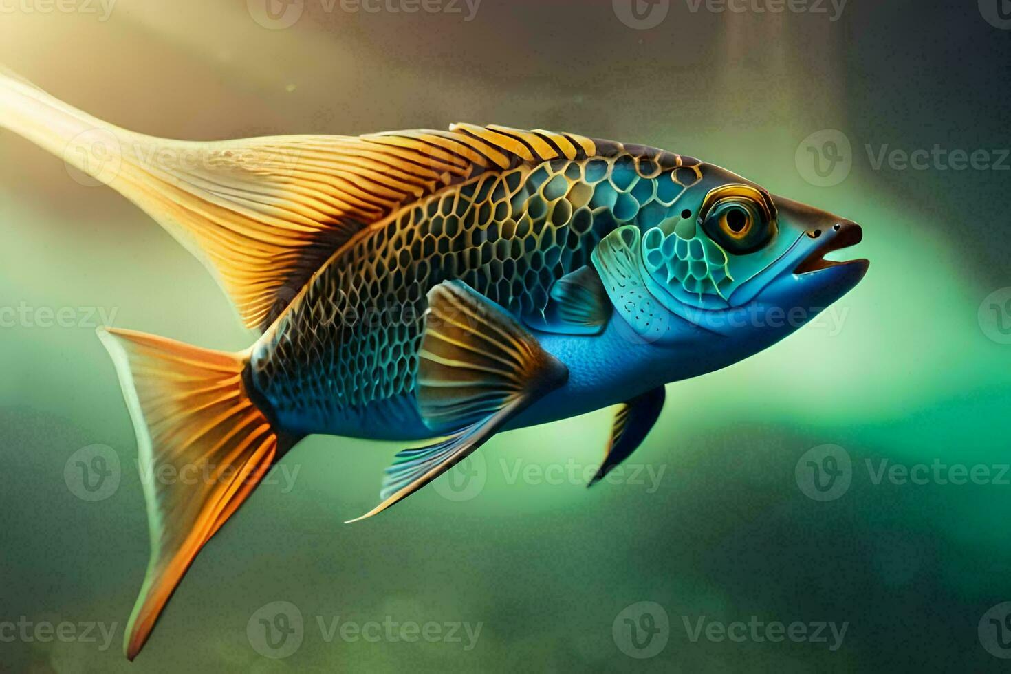 une poisson avec une brillant bleu et Orange corps. généré par ai photo