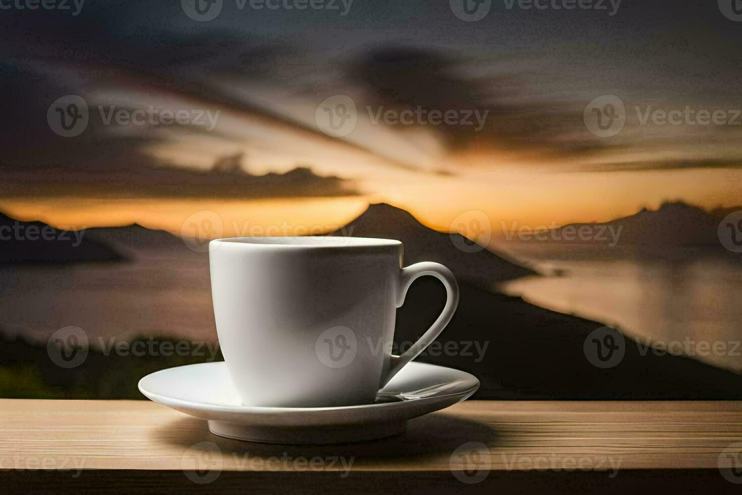 une tasse de café sur une en bois table avec une vue de le mer et montagnes. généré par ai photo