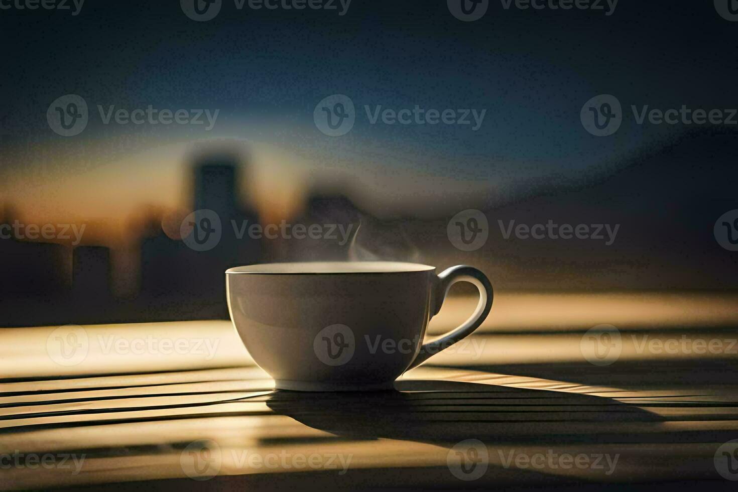 une tasse de café sur une en bois table dans de face de une ville ligne d'horizon. généré par ai photo